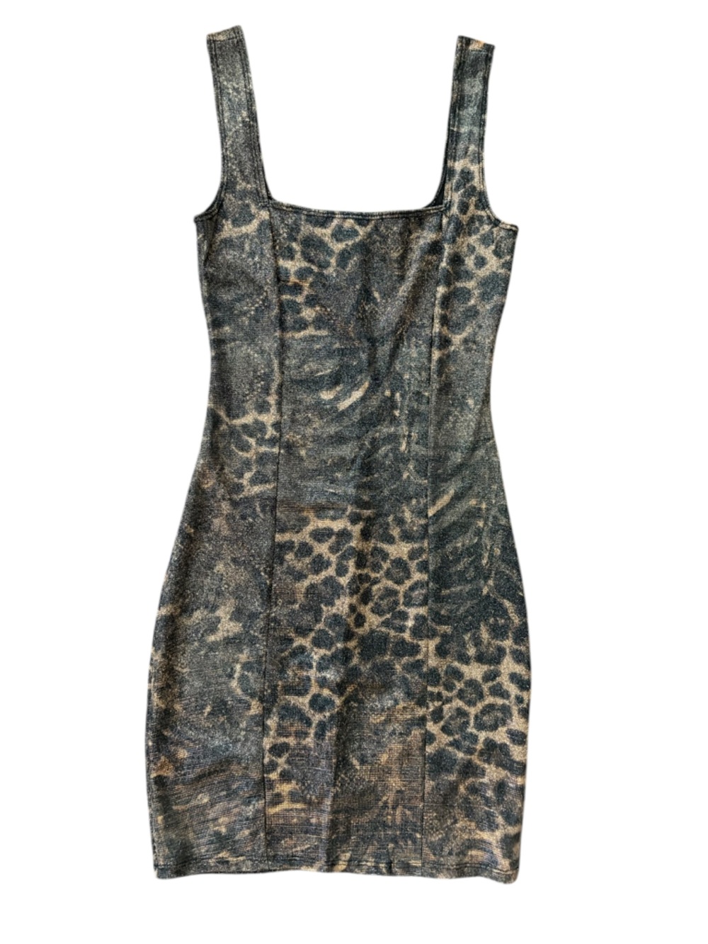 Leopard Print Black Metallic Body Con Mini Dress Square Neck